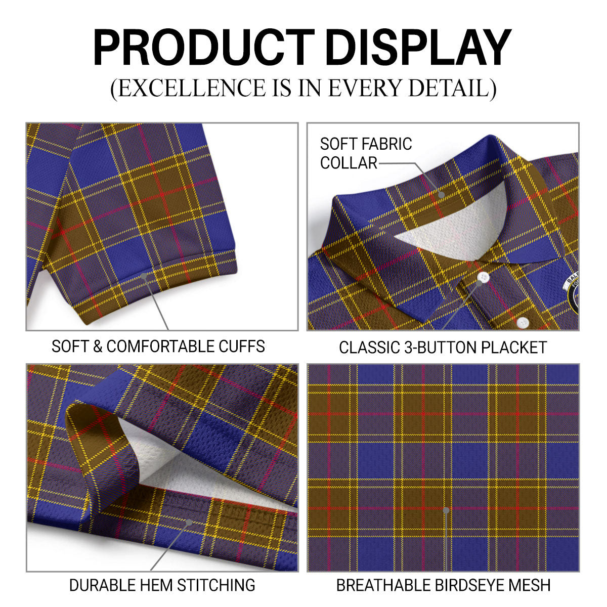 Balfour Modern Tartan Crest Birdseye Mesh Polo Shirt