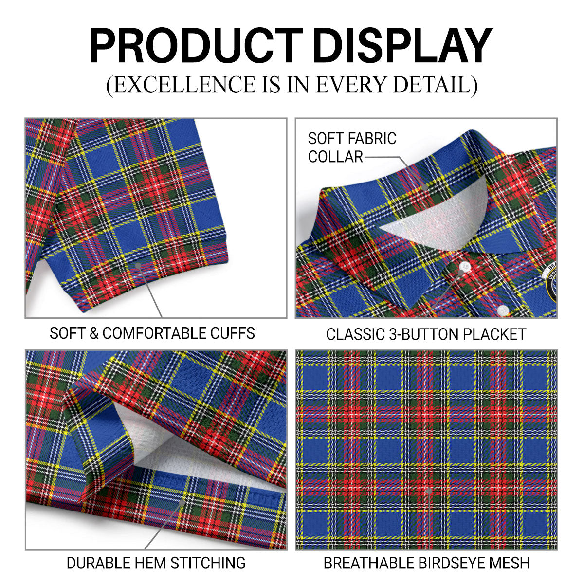 Beaton Modern Tartan Crest Birdseye Mesh Polo Shirt