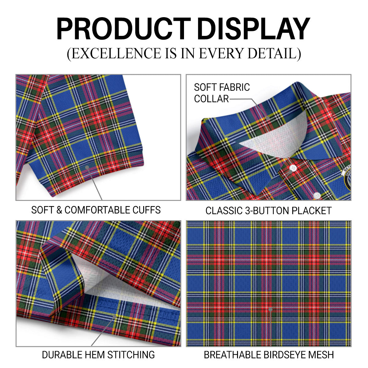 Bethune Modern Tartan Crest Birdseye Mesh Polo Shirt