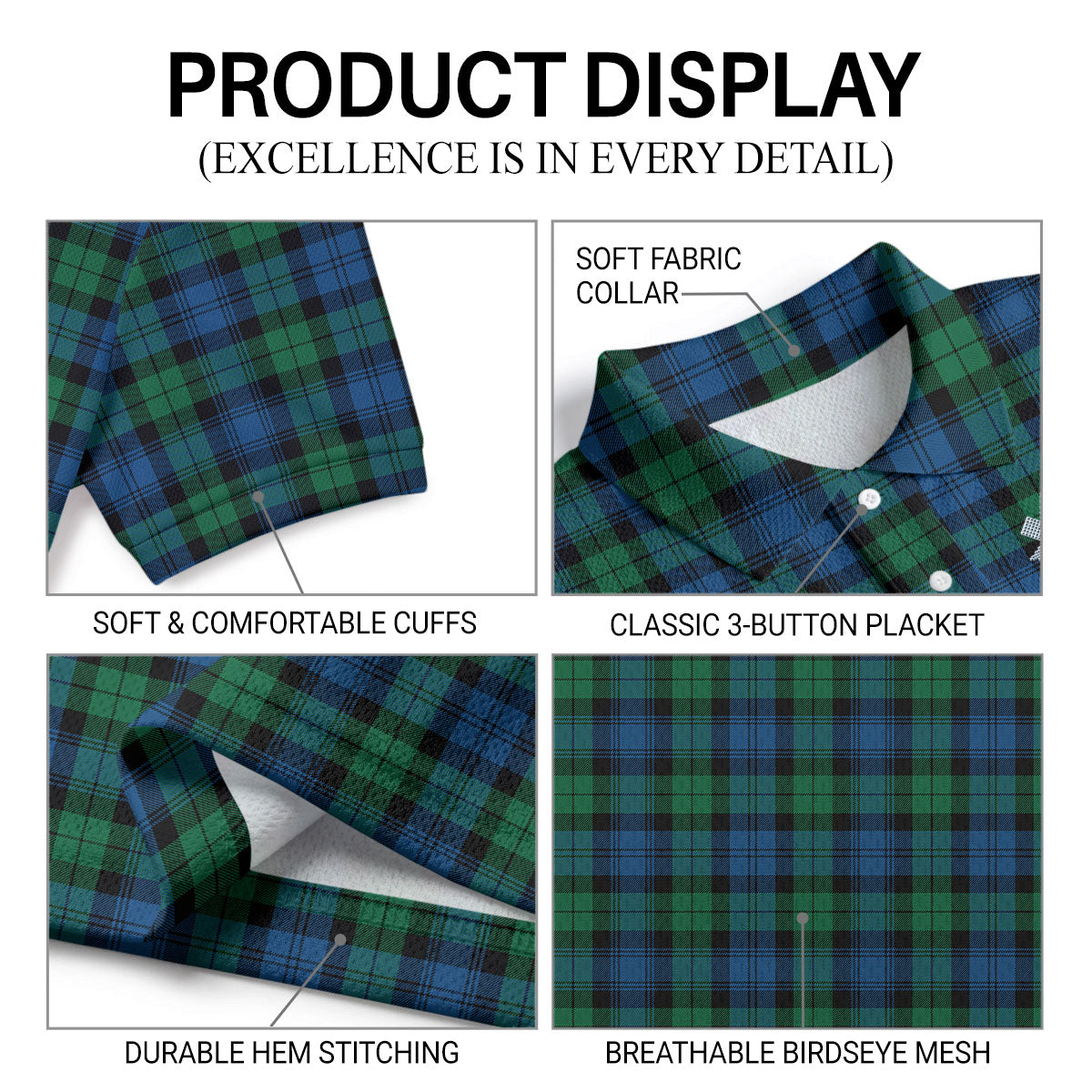 Black Watch Ancient Tartan Crest Birdseye Mesh Polo Shirt
