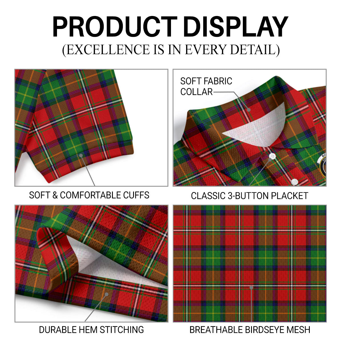 Boyd Modern Tartan Crest Birdseye Mesh Polo Shirt