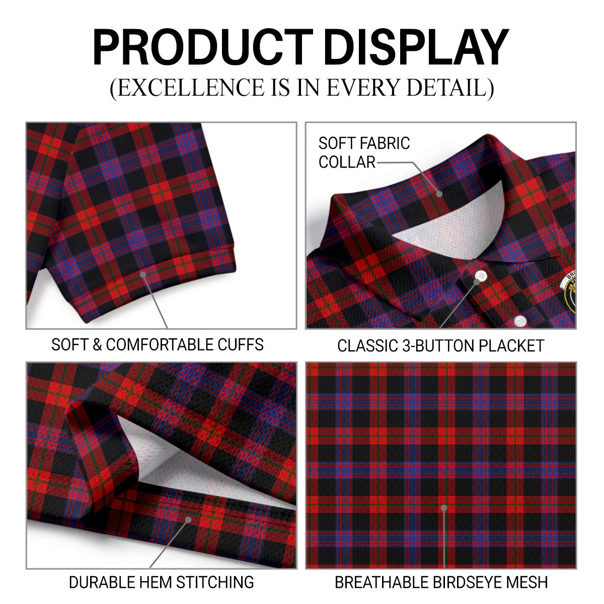 Broun Modern Tartan Crest Birdseye Mesh Polo Shirt