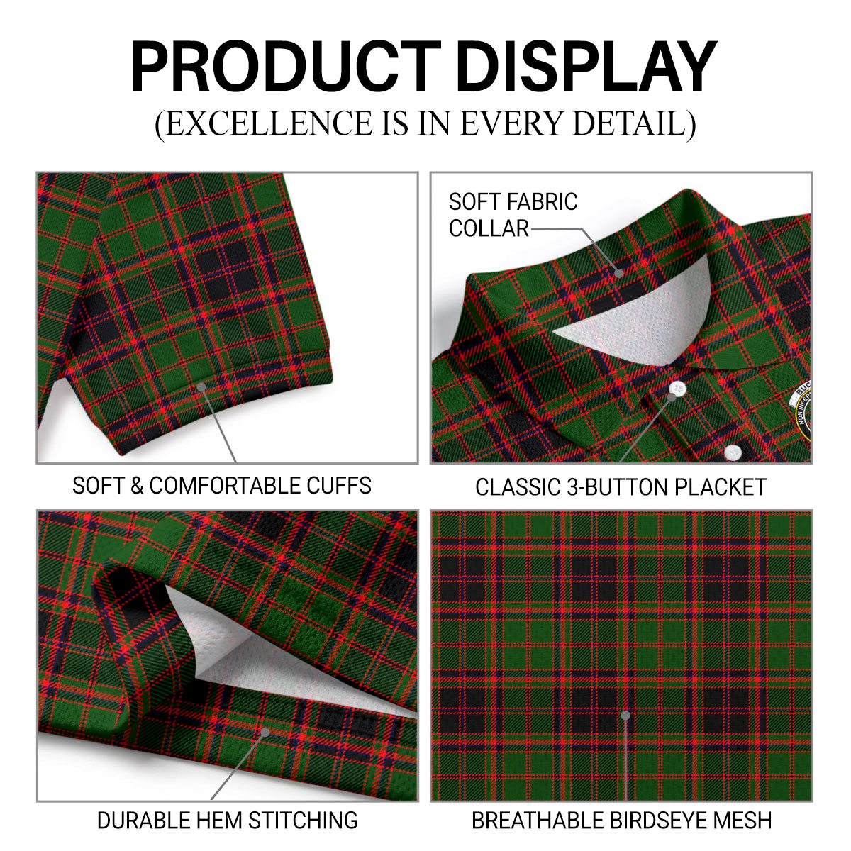 Buchan Modern Tartan Crest Birdseye Mesh Polo Shirt