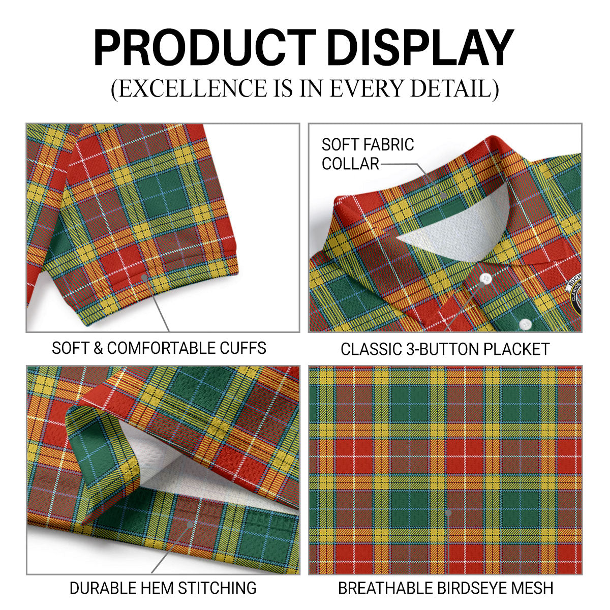 Buchanan Old Sett Tartan Crest Birdseye Mesh Polo Shirt