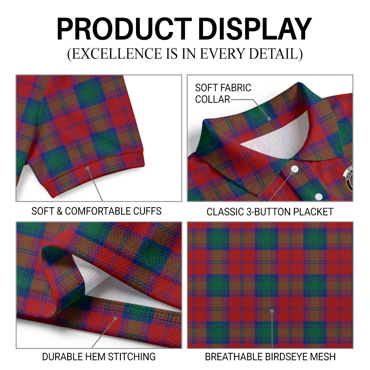 Byres Tartan Crest Birdseye Mesh Polo Shirt