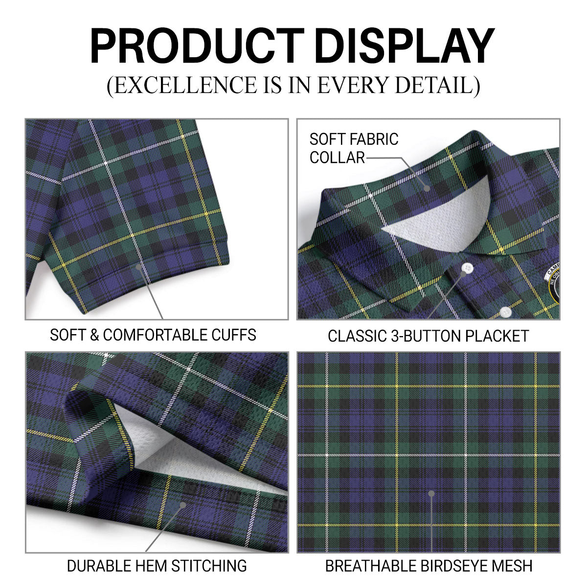 Campbell Argyll Modern Tartan Crest Birdseye Mesh Polo Shirt
