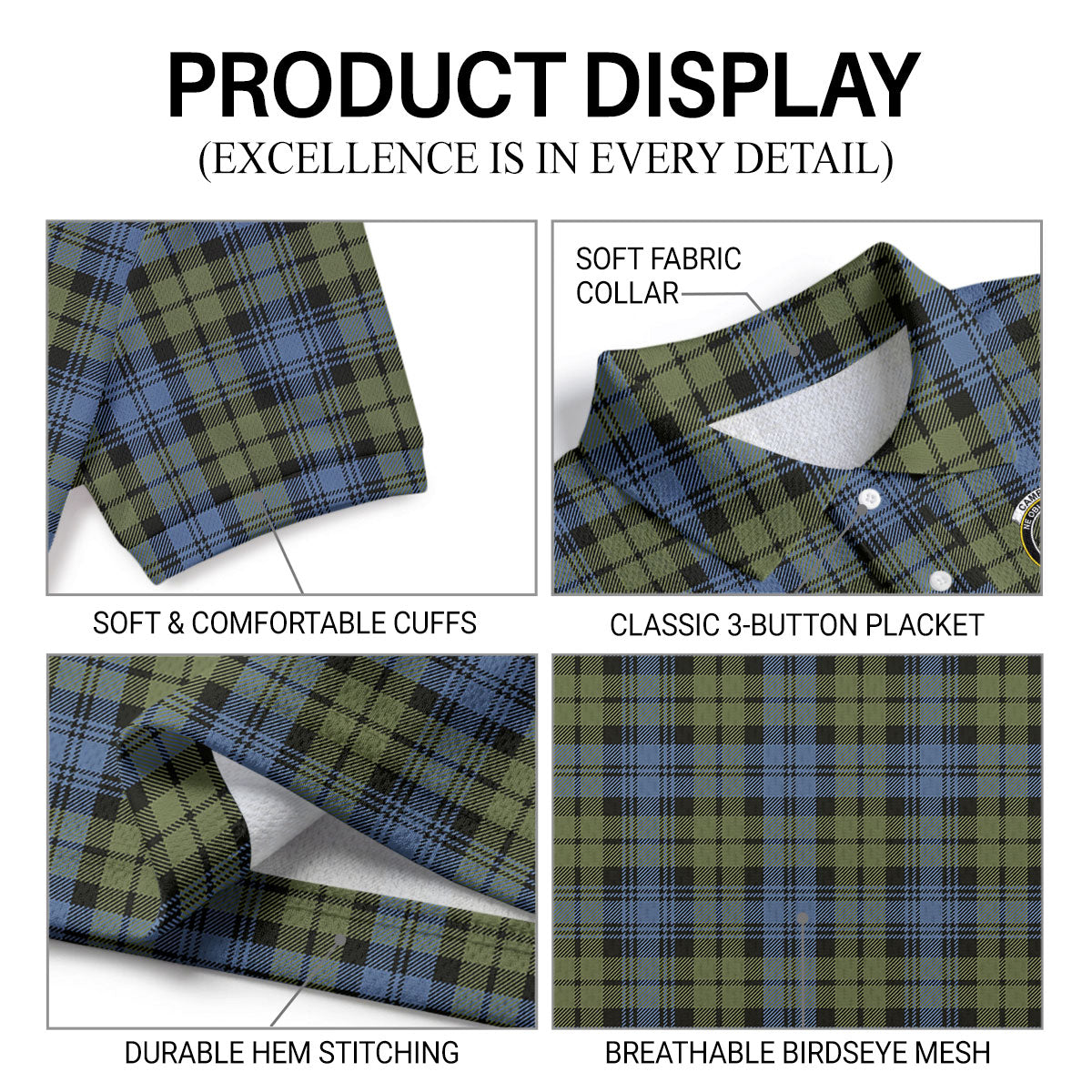 Campbell Faded Tartan Crest Birdseye Mesh Polo Shirt