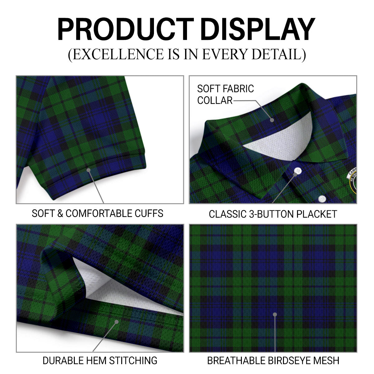Campbell Modern Tartan Crest Birdseye Mesh Polo Shirt