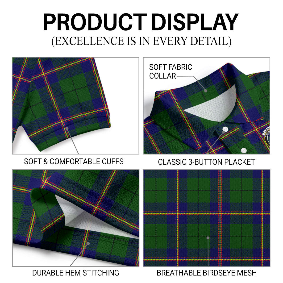Carmichael Modern Tartan Crest Birdseye Mesh Polo Shirt