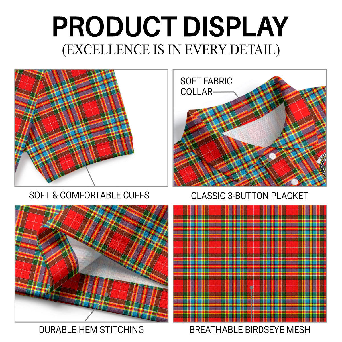 Chattan Tartan Crest Birdseye Mesh Polo Shirt