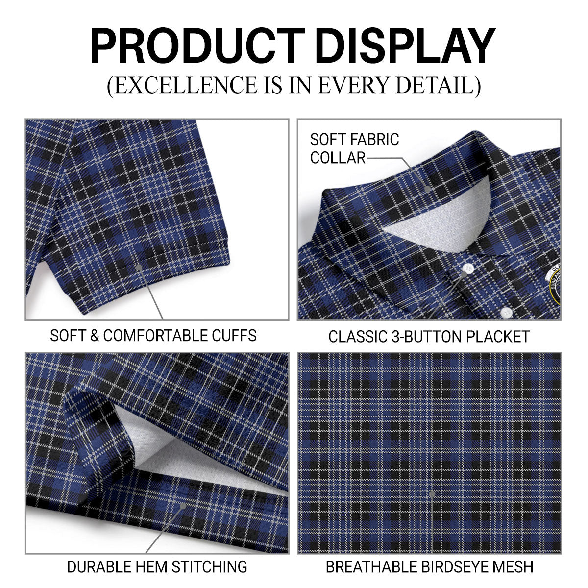 Clark Modern Tartan Crest Birdseye Mesh Polo Shirt