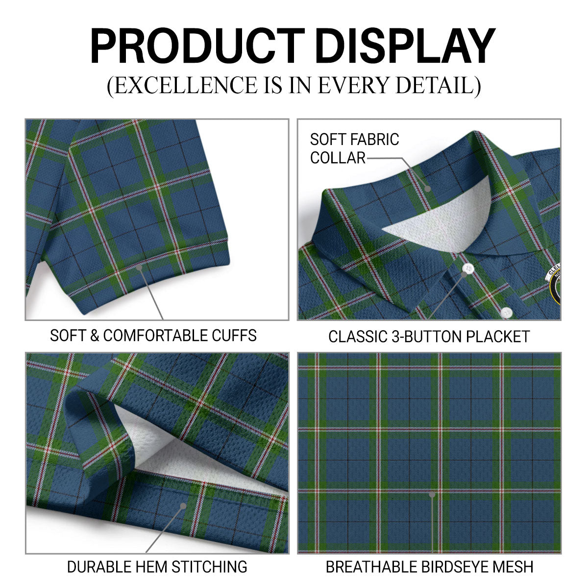 Clelland Tartan Crest Birdseye Mesh Polo Shirt