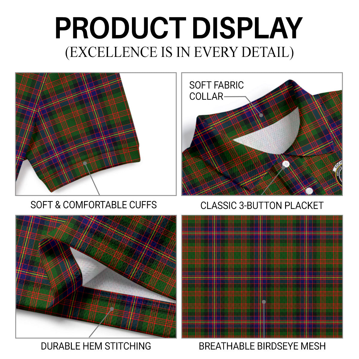 Cochrane Modern Tartan Crest Birdseye Mesh Polo Shirt