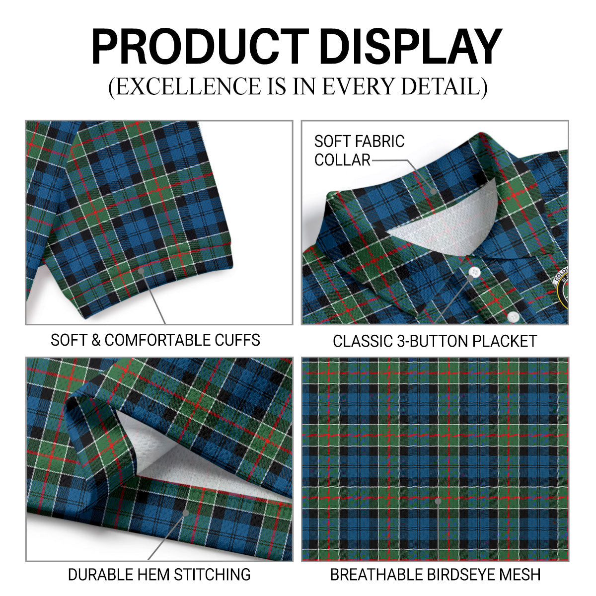 Colquhoun Ancient Tartan Crest Birdseye Mesh Polo Shirt