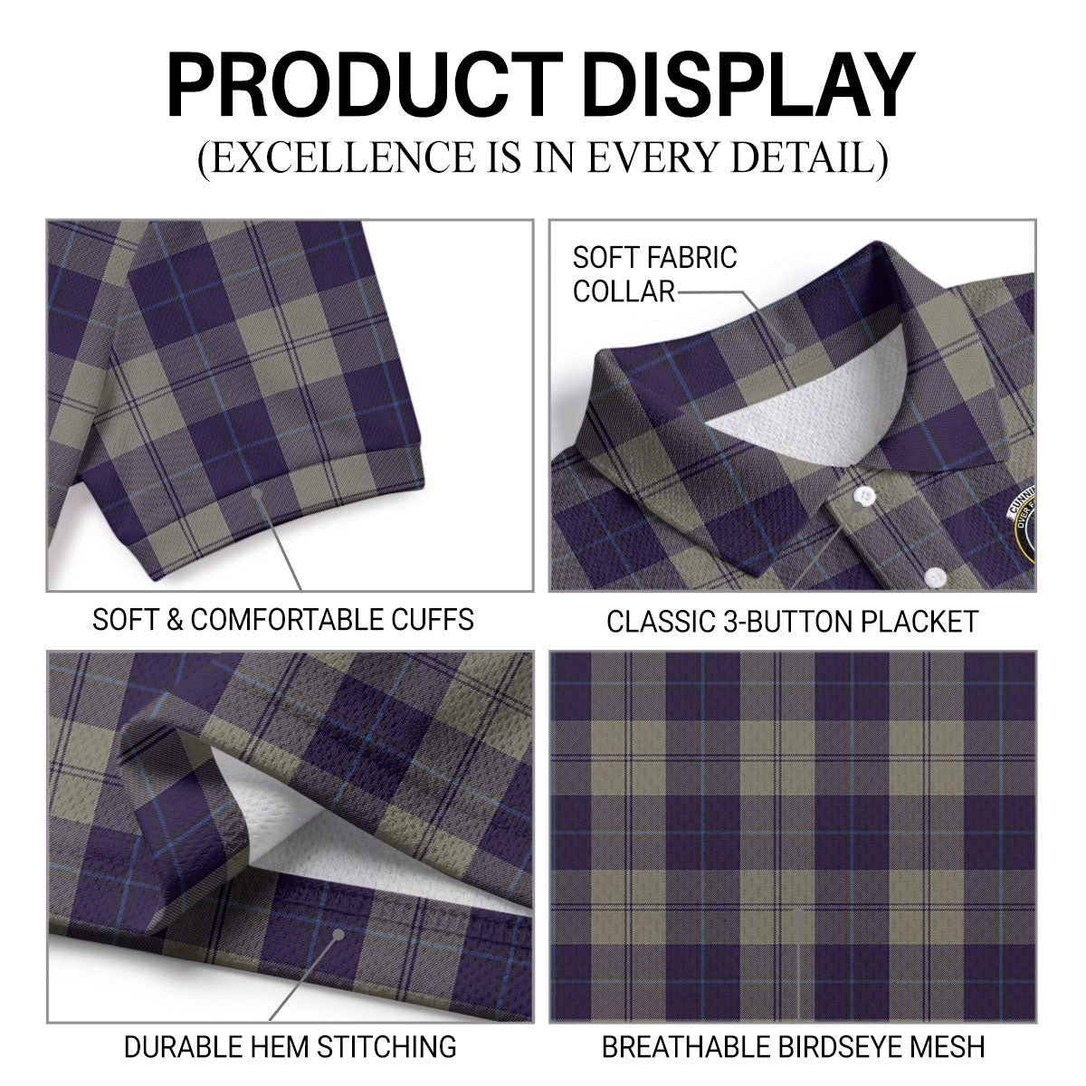 Cunningham Dress Blue Dancers Tartan Crest Birdseye Mesh Polo Shirt