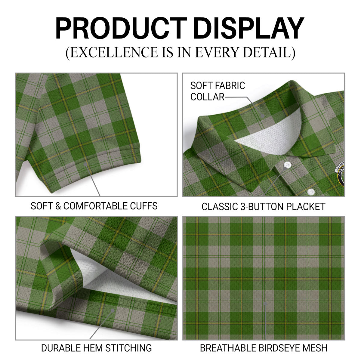 Cunningham Dress Green Dancers Tartan Crest Birdseye Mesh Polo Shirt