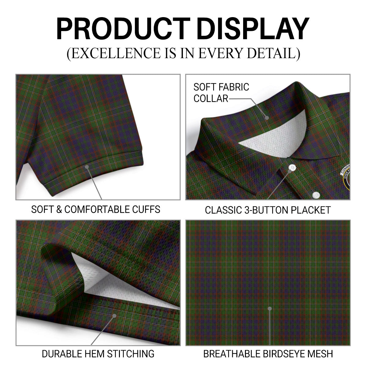 Cunningham Hunting Modern Tartan Crest Birdseye Mesh Polo Shirt