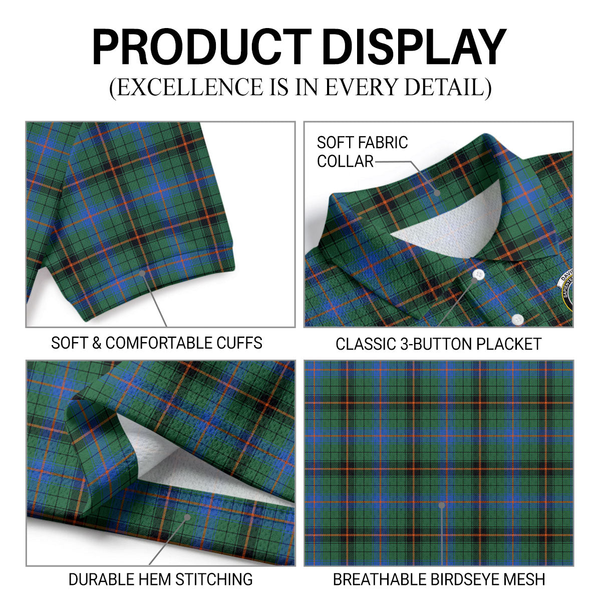 Davidson Ancient Tartan Crest Birdseye Mesh Polo Shirt