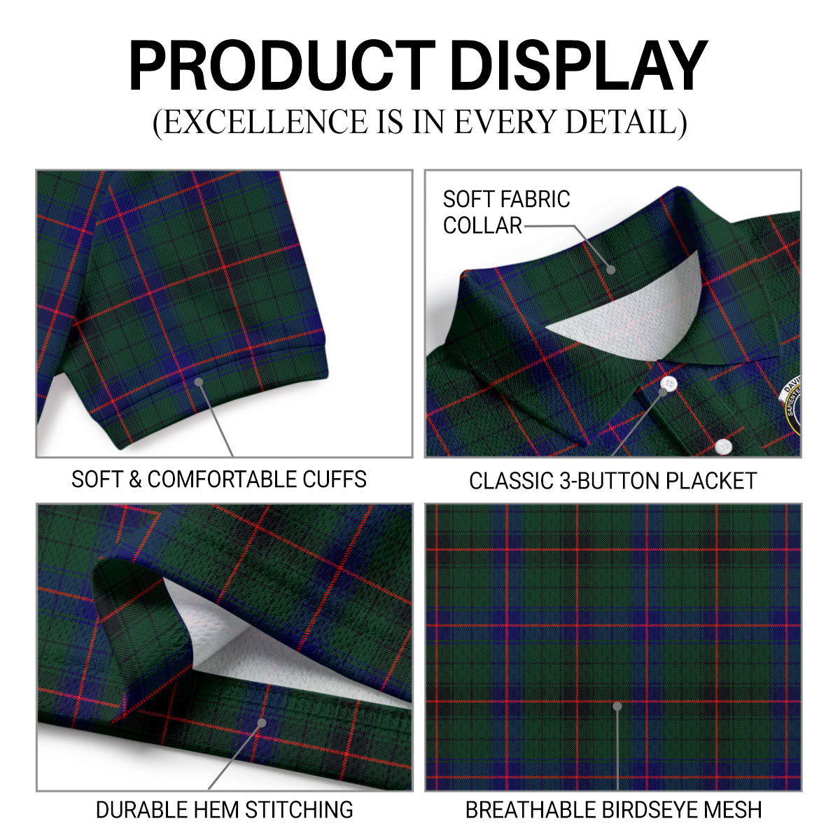 Davidson Modern Tartan Crest Birdseye Mesh Polo Shirt