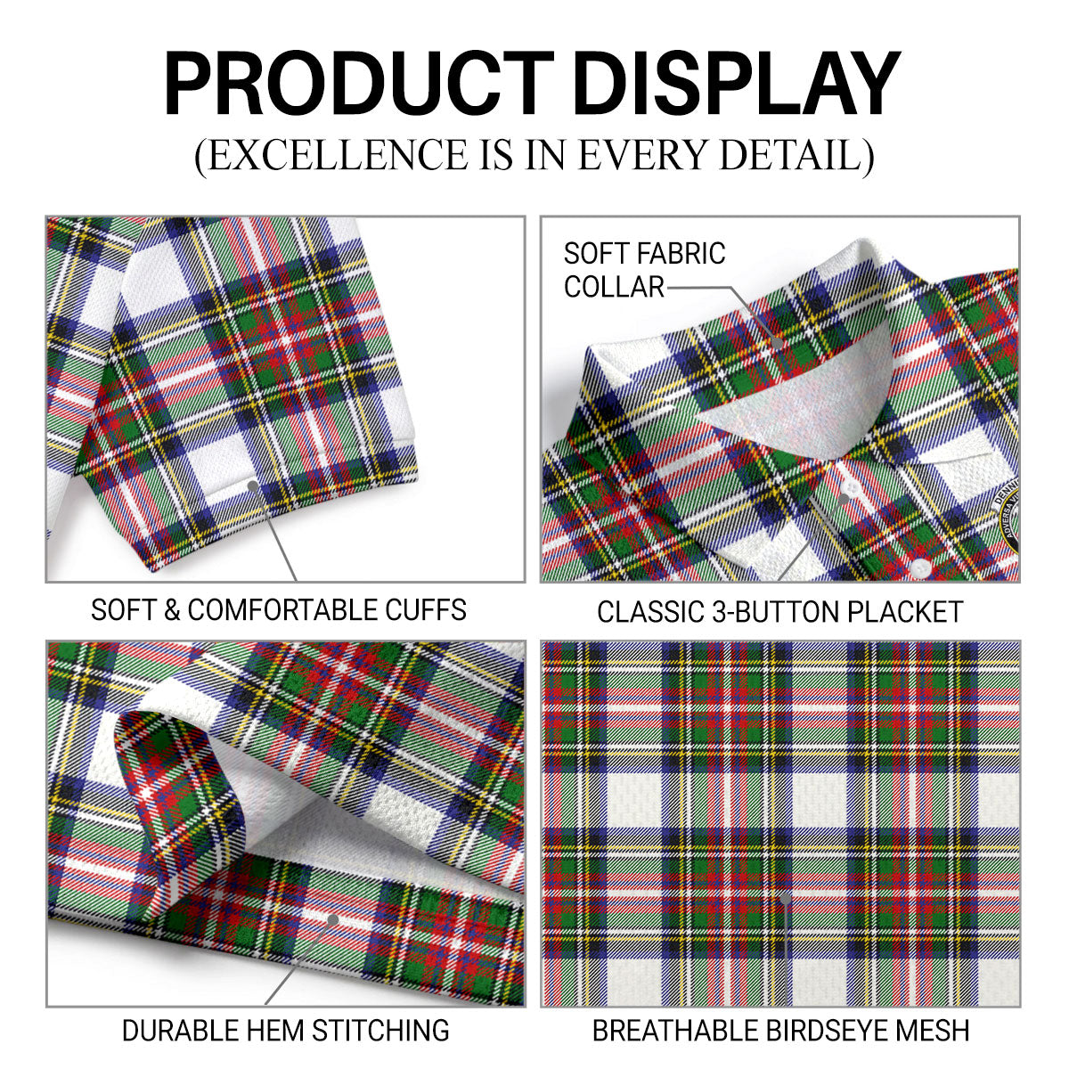 Dennistoun Tartan Crest Birdseye Mesh Polo Shirt