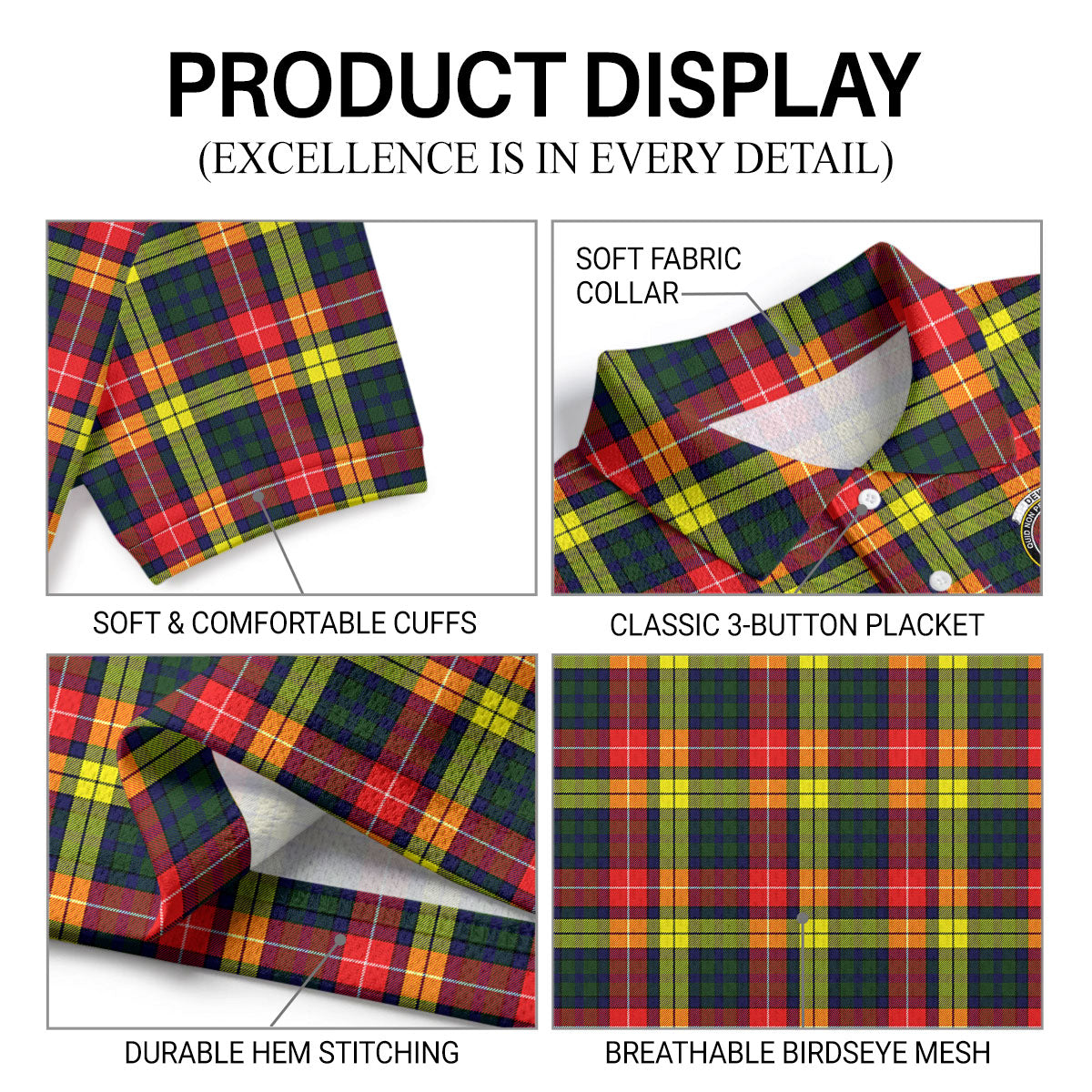Dewar Tartan Crest Birdseye Mesh Polo Shirt