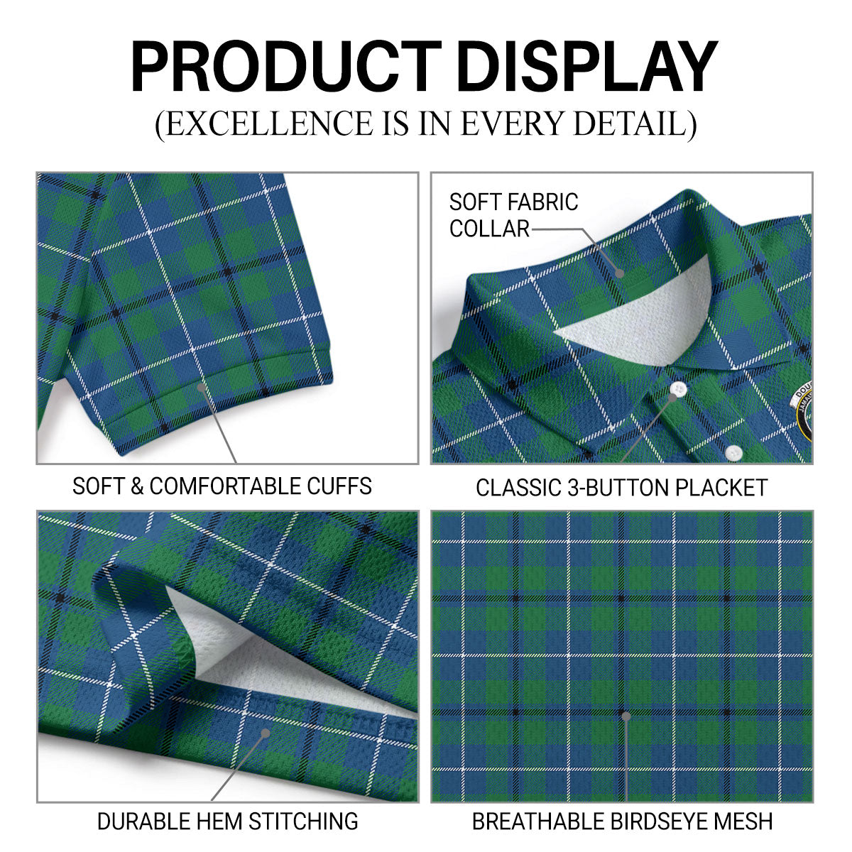 Douglas Ancient Tartan Crest Birdseye Mesh Polo Shirt