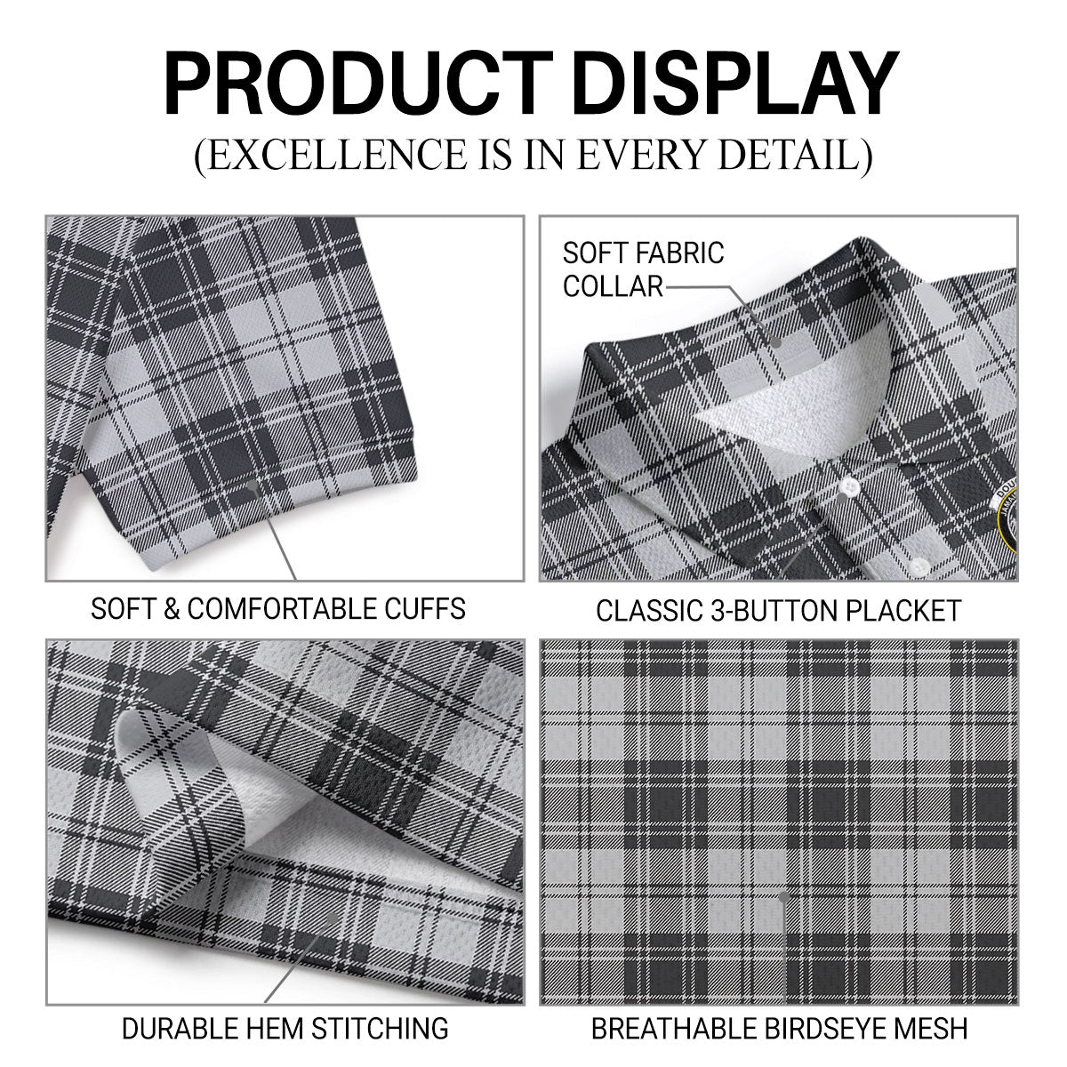 Douglas Grey Modern Tartan Crest Birdseye Mesh Polo Shirt
