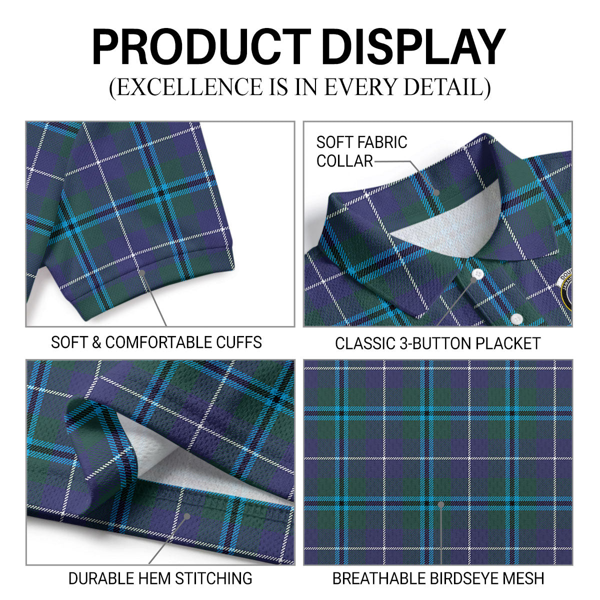 Douglas Modern Tartan Crest Birdseye Mesh Polo Shirt