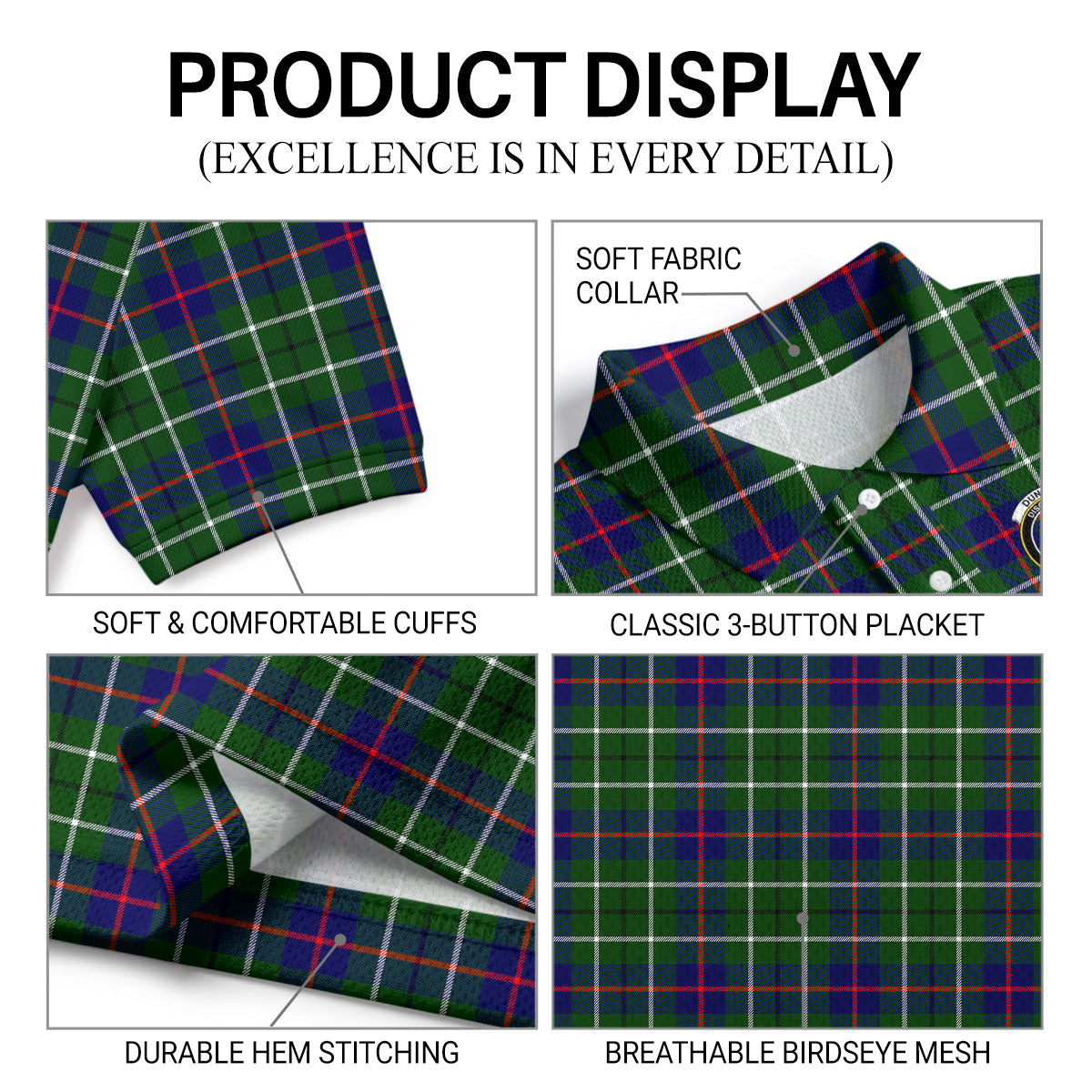Duncan Modern Tartan Crest Birdseye Mesh Polo Shirt