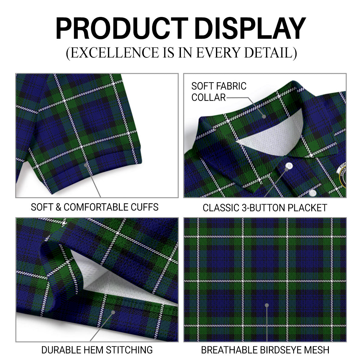 Forbes Modern Tartan Crest Birdseye Mesh Polo Shirt