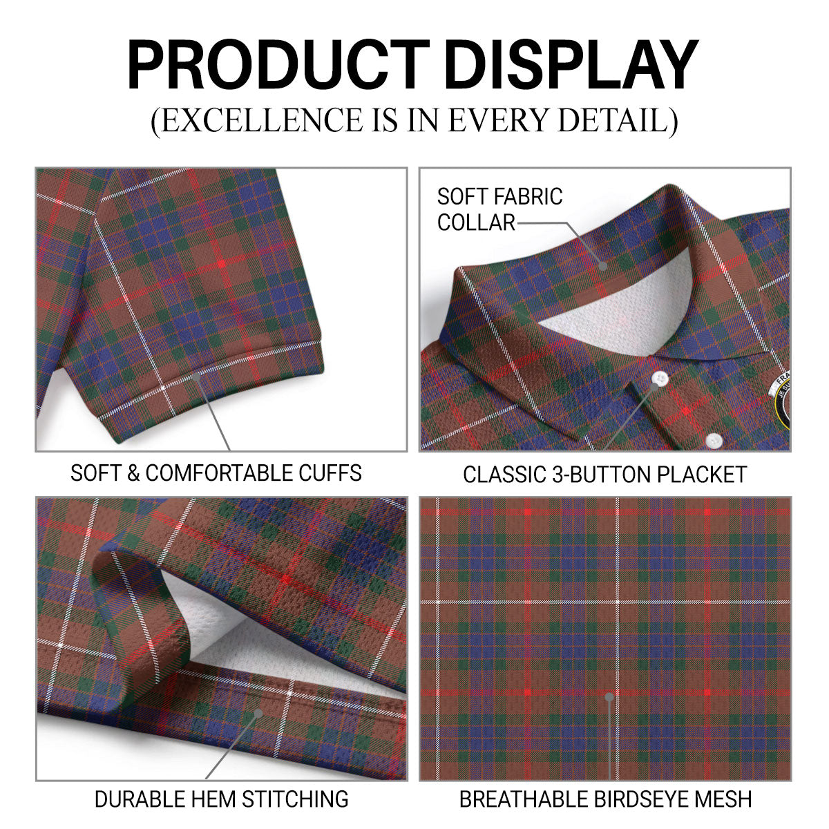 Fraser (of Lovat) Hunting Modern Tartan Crest Birdseye Mesh Polo Shirt