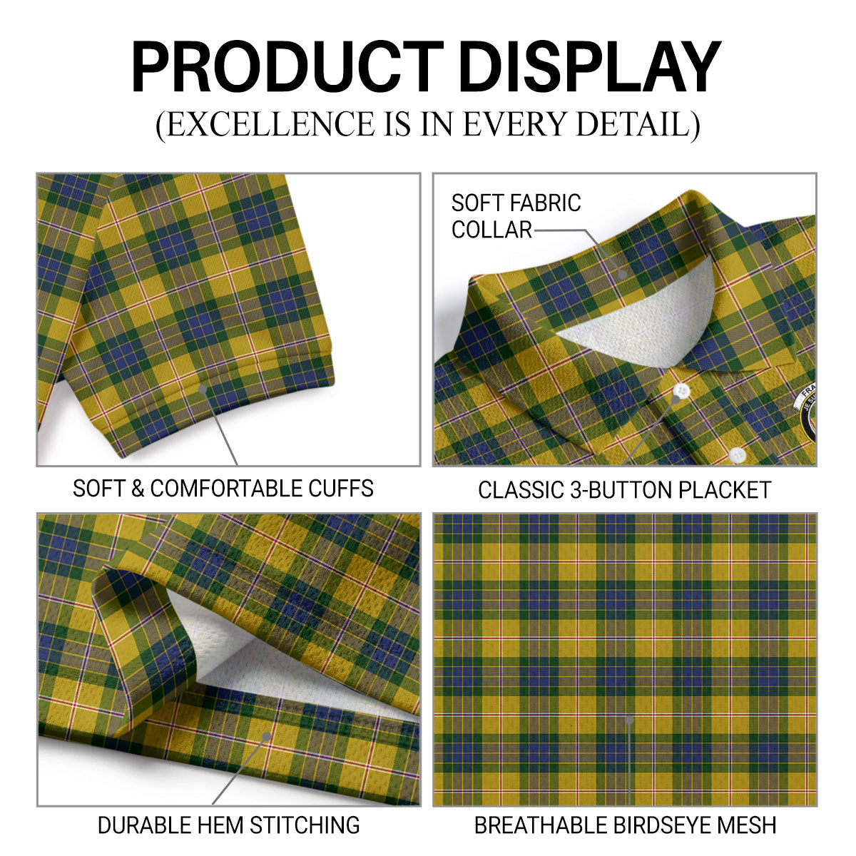 Fraser (of Lovat) Yellow Tartan Crest Birdseye Mesh Polo Shirt