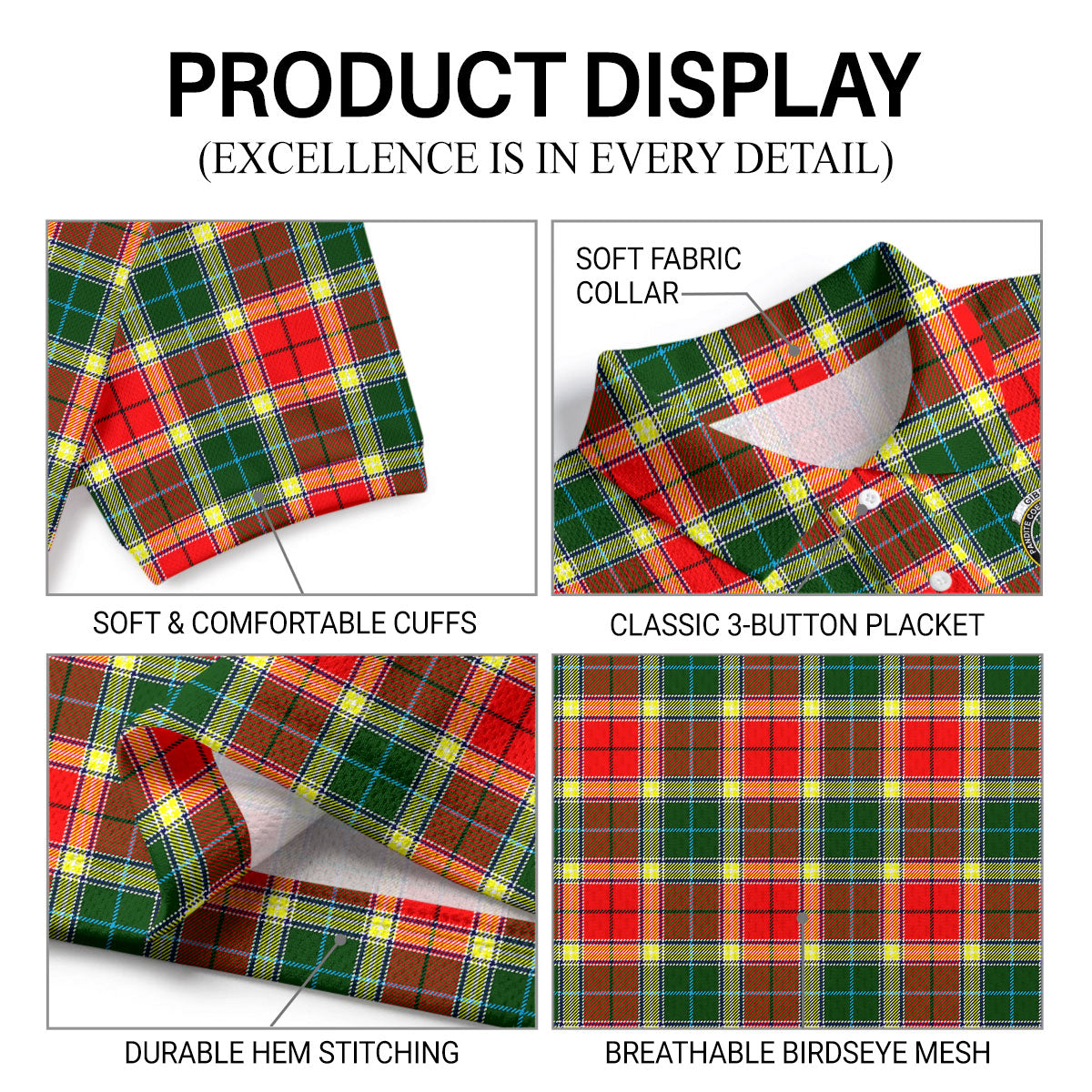 Gibson Tartan Crest Birdseye Mesh Polo Shirt