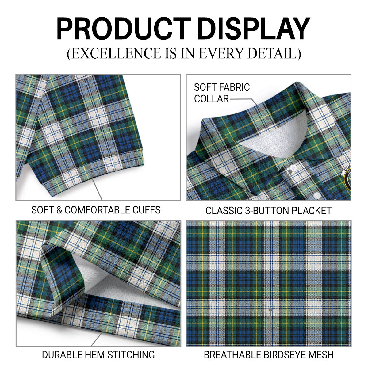 Gordon Dress Ancient Tartan Crest Birdseye Mesh Polo Shirt