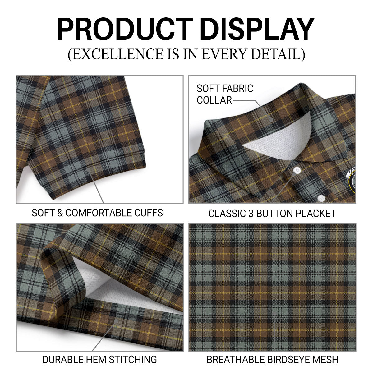 Gordon Weathered Tartan Crest Birdseye Mesh Polo Shirt