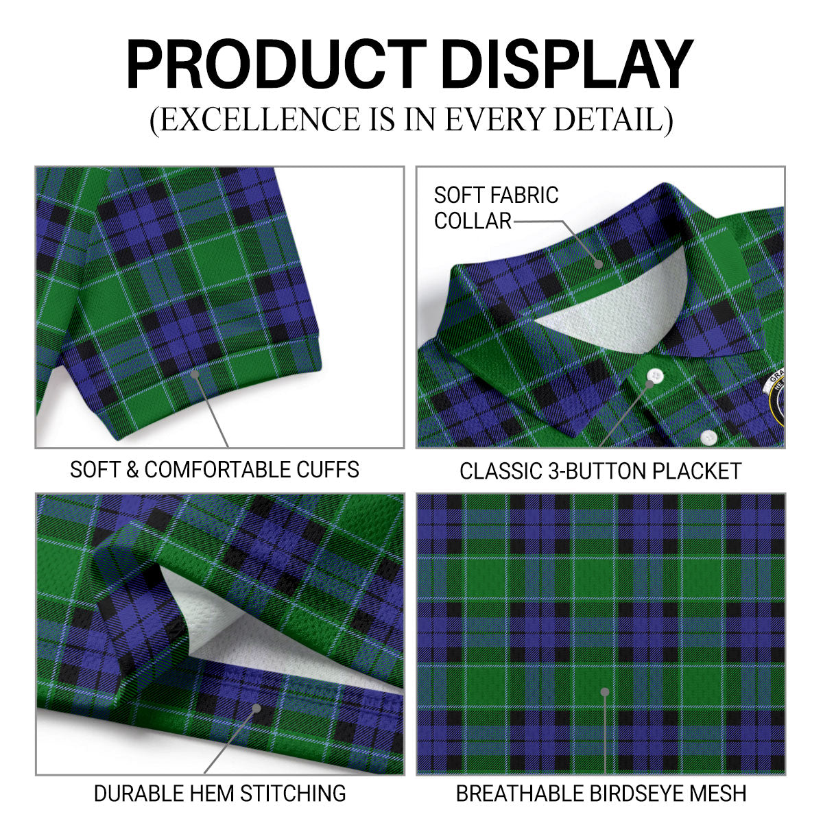 Graham of Menteith Modern Tartan Crest Birdseye Mesh Polo Shirt