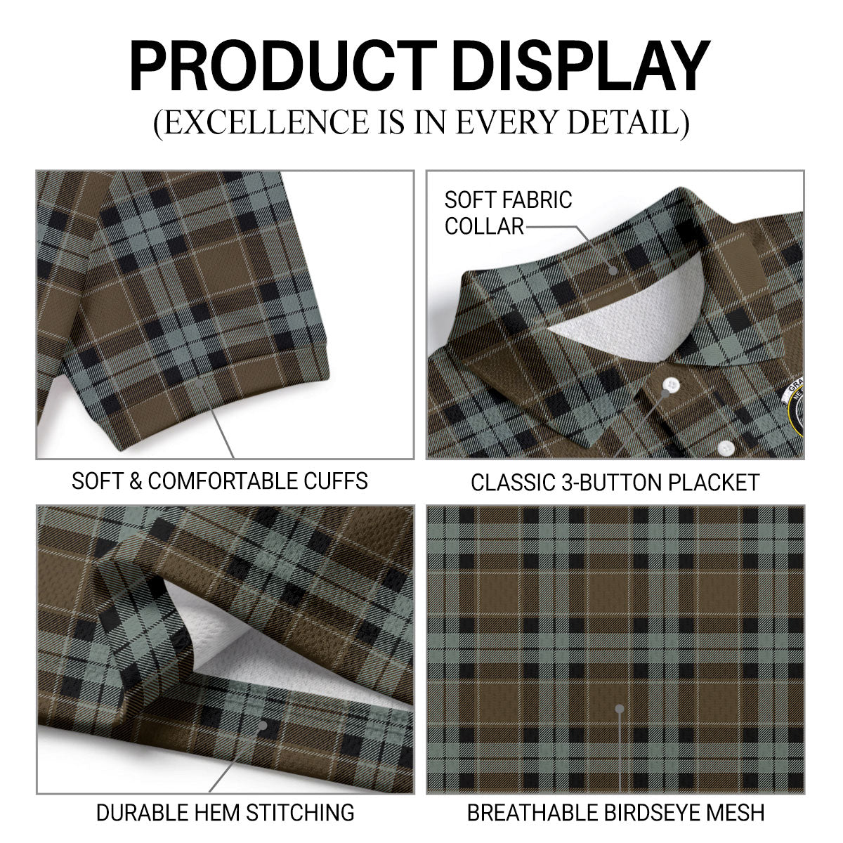 Graham of Menteith Weathered Tartan Crest Birdseye Mesh Polo Shirt
