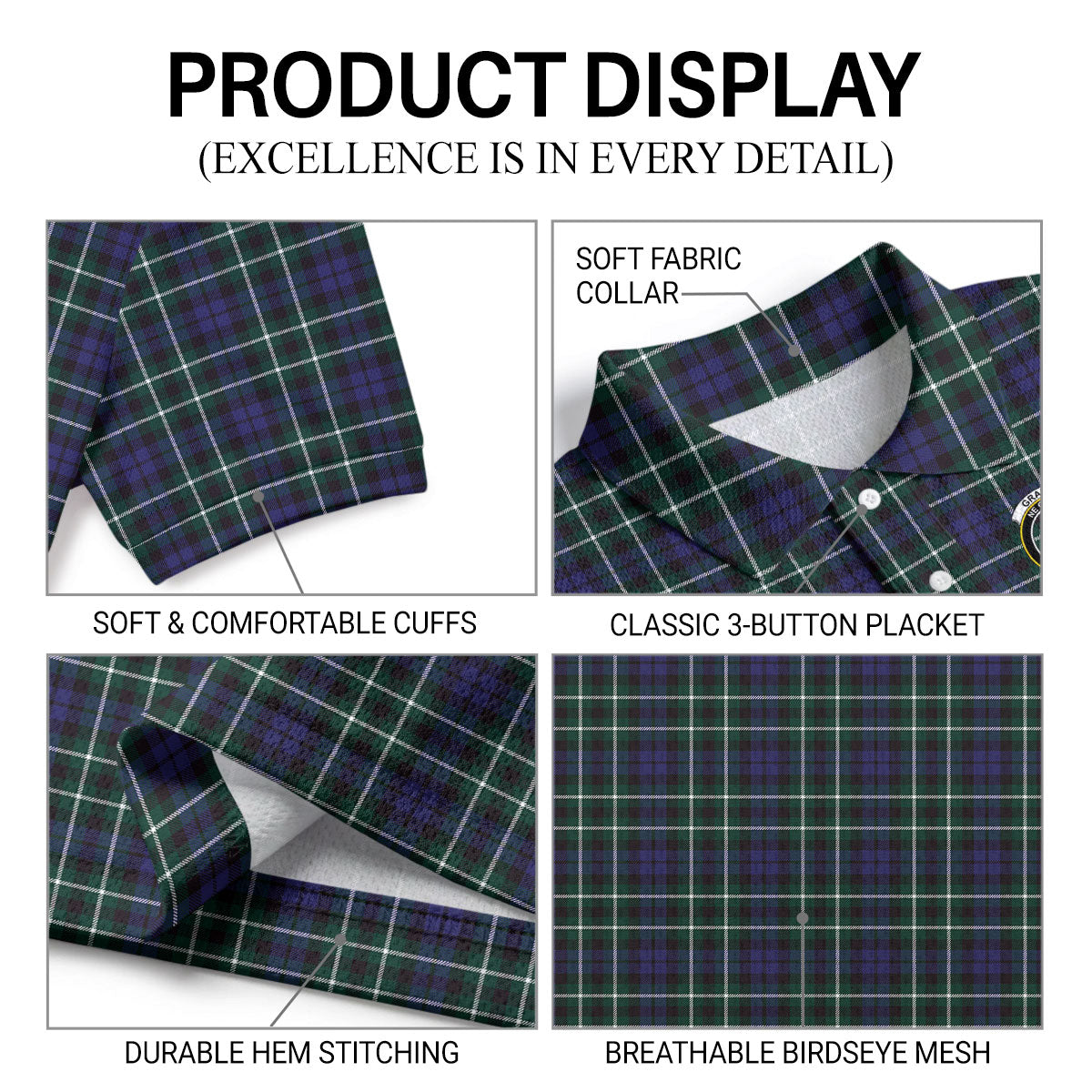 Graham of Montrose Modern Tartan Crest Birdseye Mesh Polo Shirt