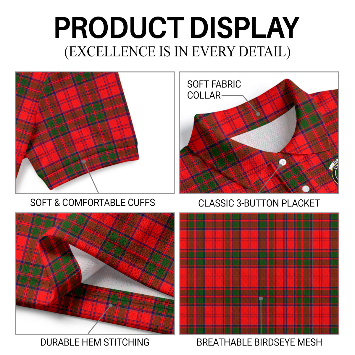 Grant Modern Tartan Crest Birdseye Mesh Polo Shirt