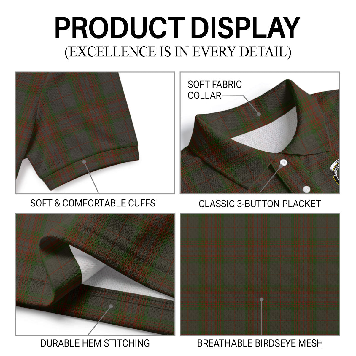 Gray Tartan Crest Birdseye Mesh Polo Shirt