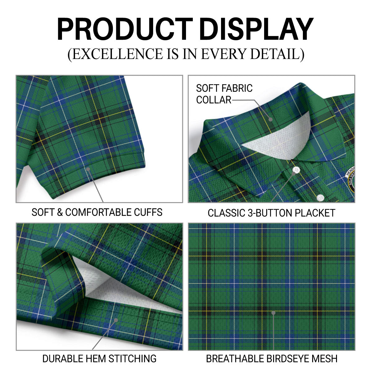 Henderson Ancient Tartan Crest Birdseye Mesh Polo Shirt