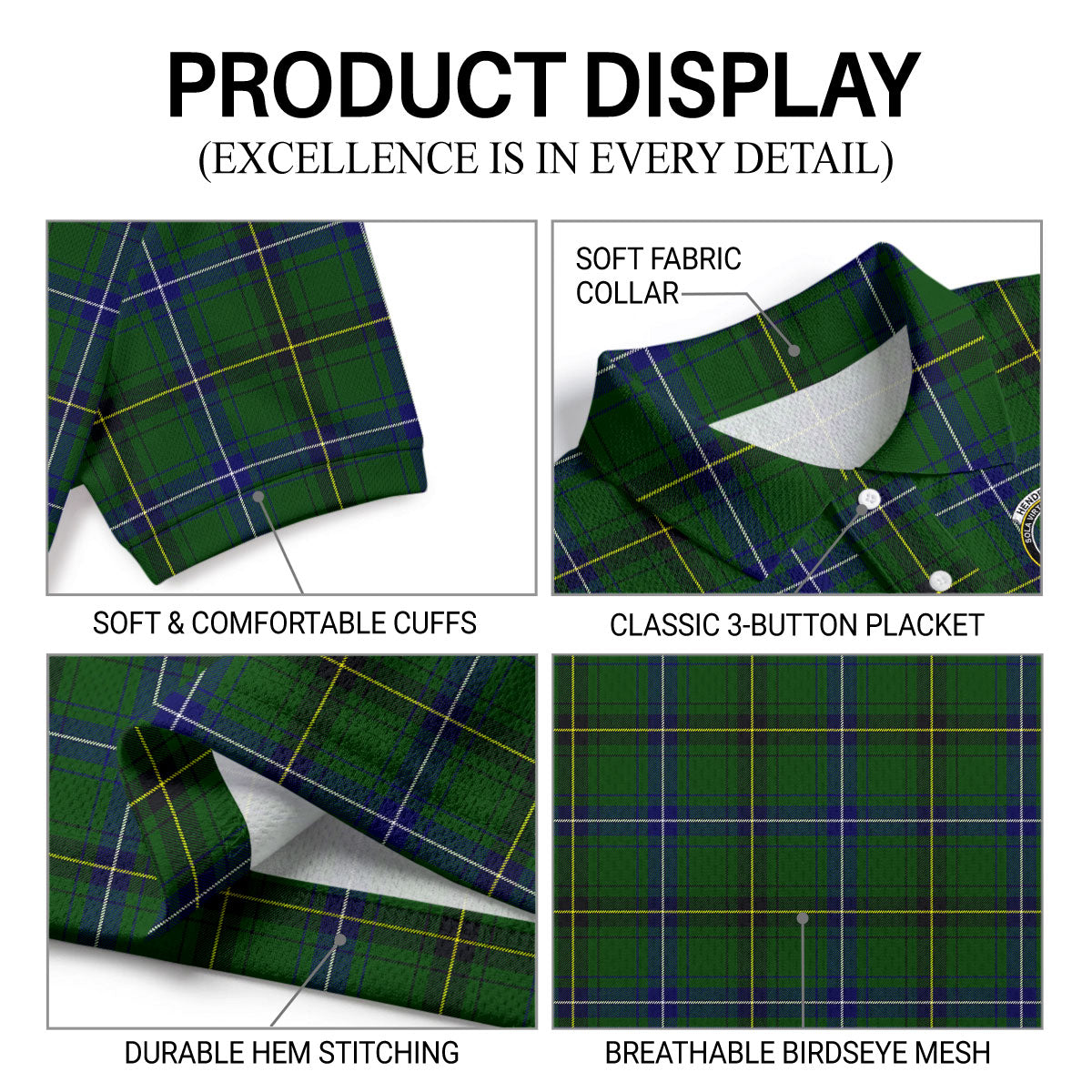 Henderson Modern Tartan Crest Birdseye Mesh Polo Shirt
