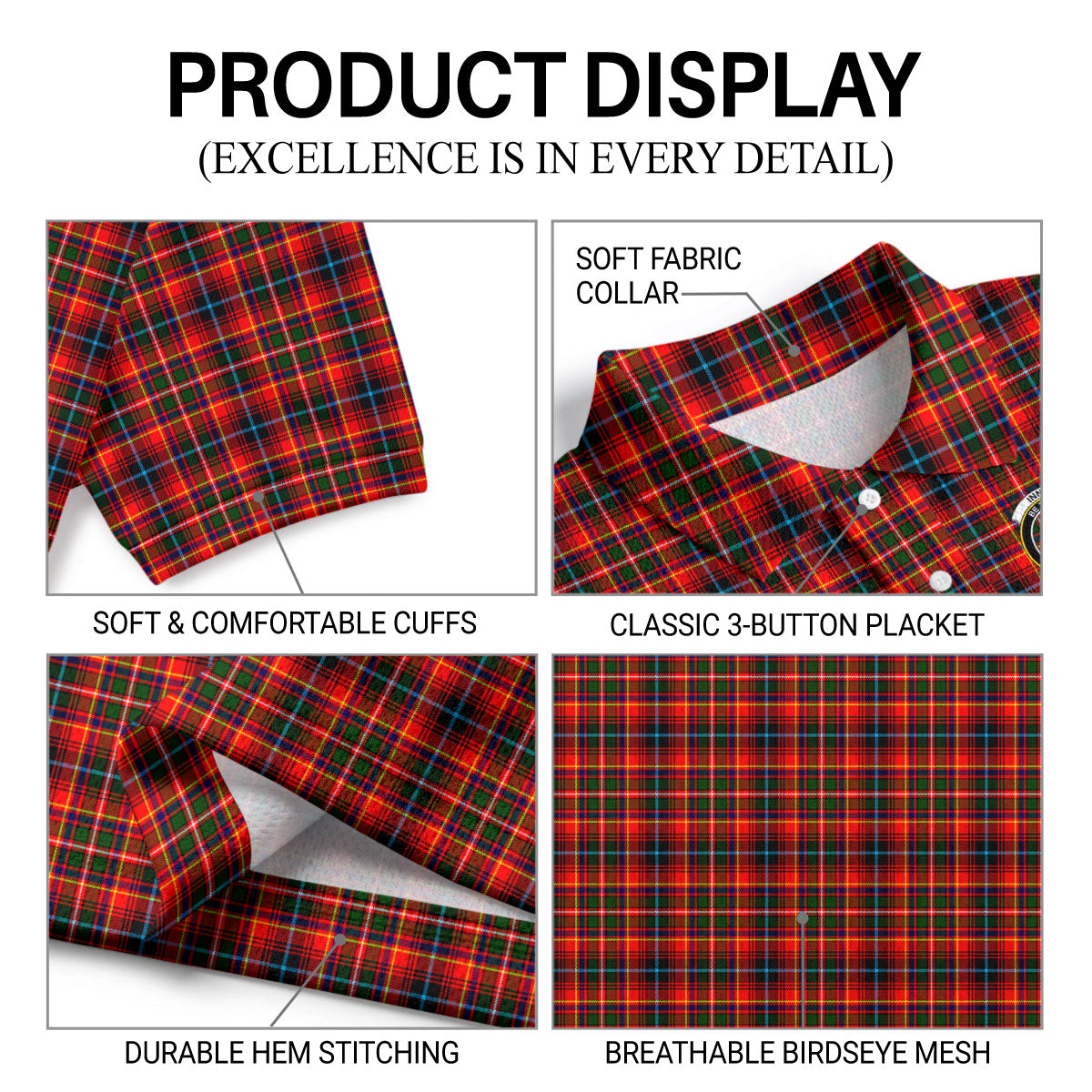 Innes Modern Tartan Crest Birdseye Mesh Polo Shirt