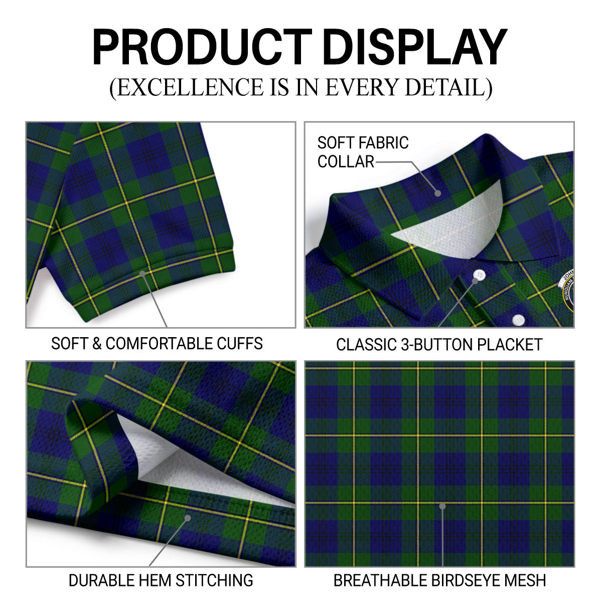 Johnson Modern Tartan Crest Birdseye Mesh Polo Shirt