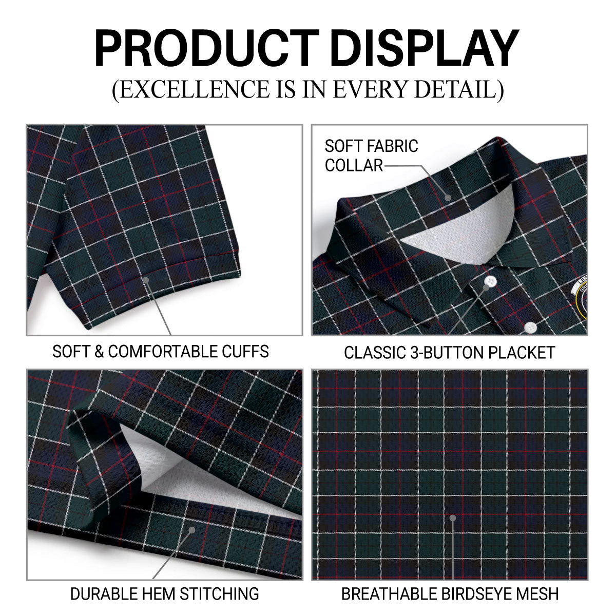 Leslie Hunting Modern Tartan Crest Birdseye Mesh Polo Shirt