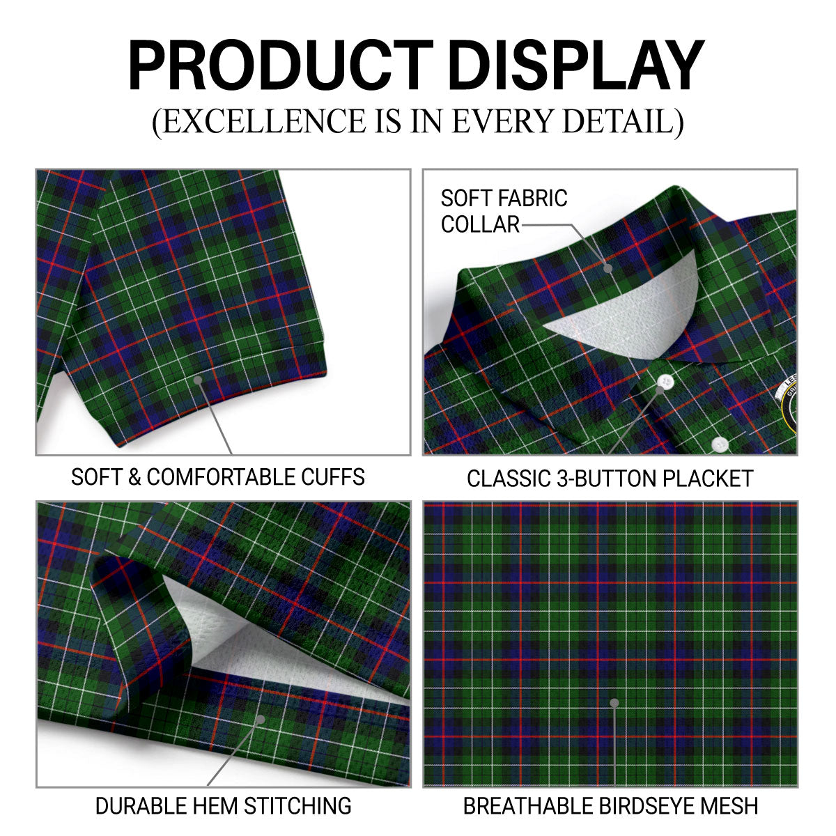 Leslie Hunting Tartan Crest Birdseye Mesh Polo Shirt