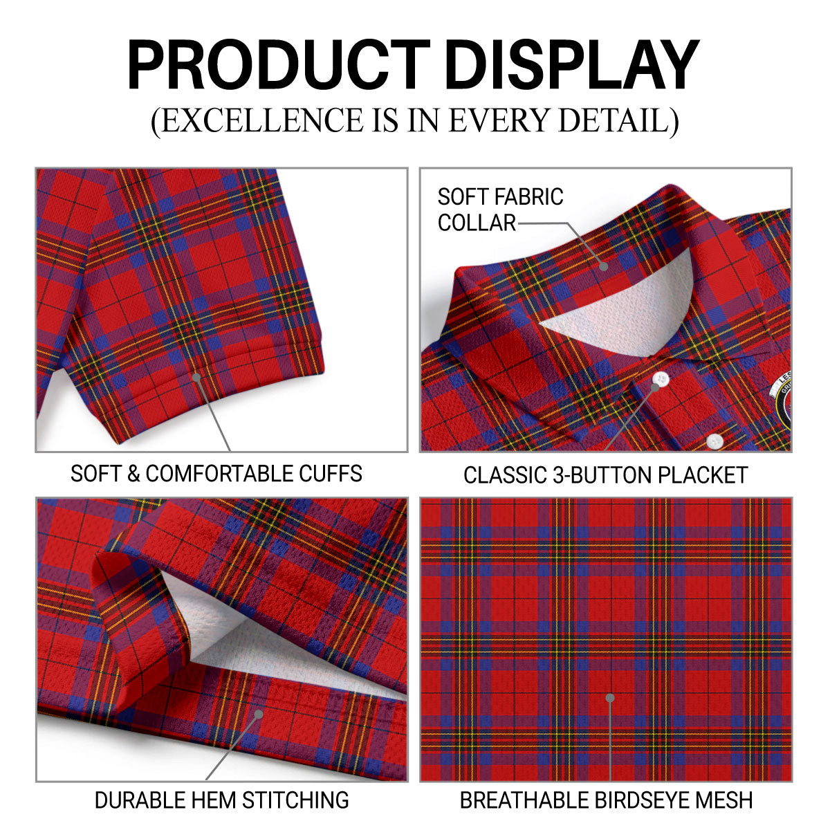 Leslie Modern Tartan Crest Birdseye Mesh Polo Shirt