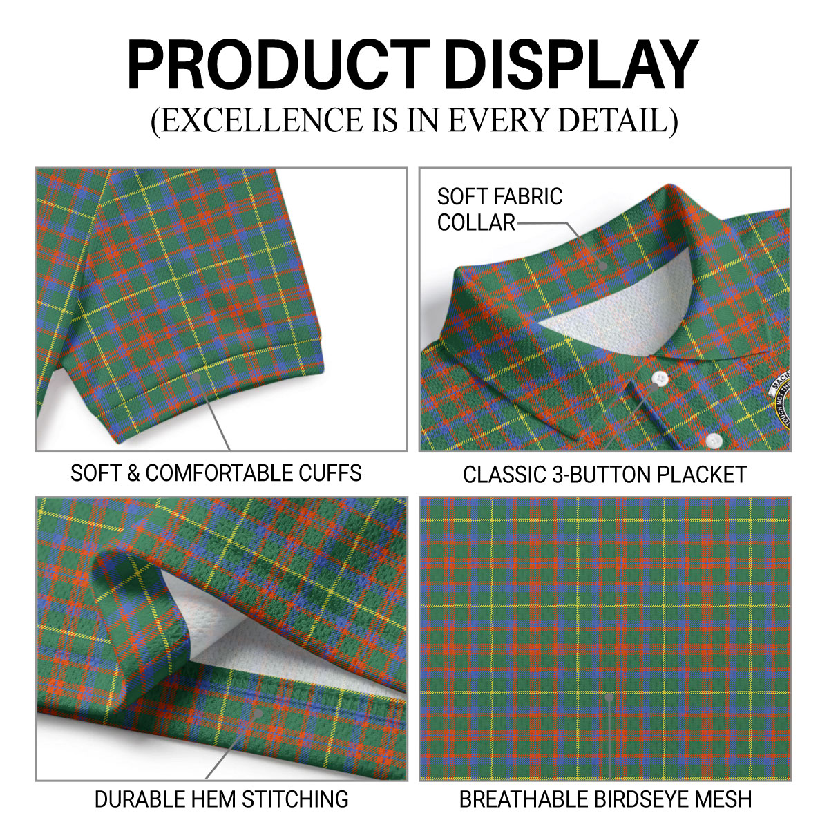 MacIntosh Hunting Ancient Tartan Crest Birdseye Mesh Polo Shirt