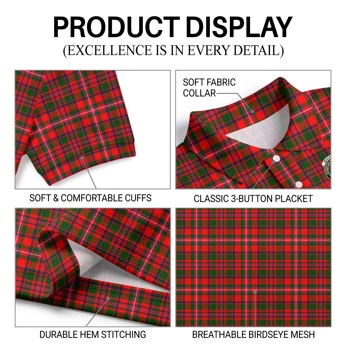 MacKinnon Modern Tartan Crest Birdseye Mesh Polo Shirt
