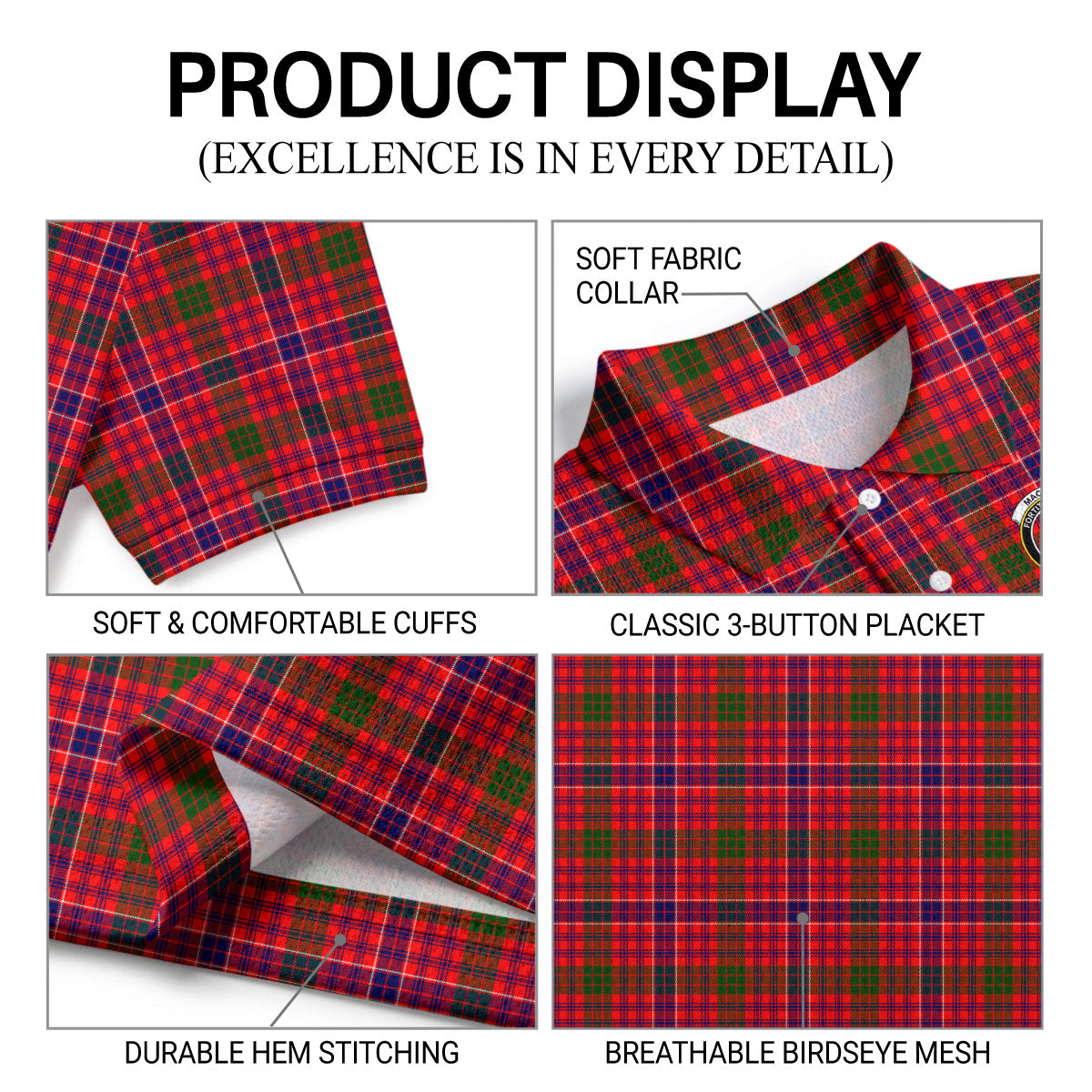 MacRae Modern Tartan Crest Birdseye Mesh Polo Shirt
